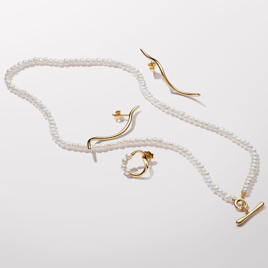 Pandora ESSENCE Goudvergulde T-bar Collier met Witte Zoetwaterparel | 45 cm - 363297C01