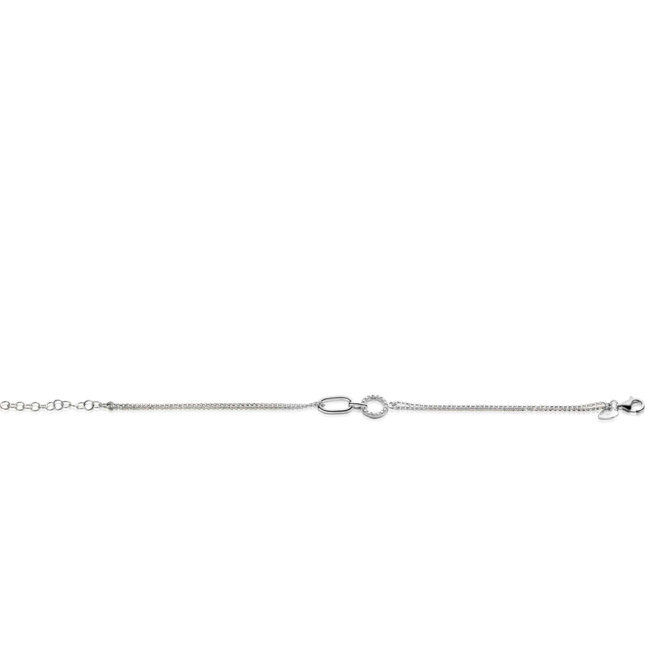ZINZI zilveren multi-look armband met twee kettinkjes, verbonden aan een ovale schakel en open rondje bezet met witte