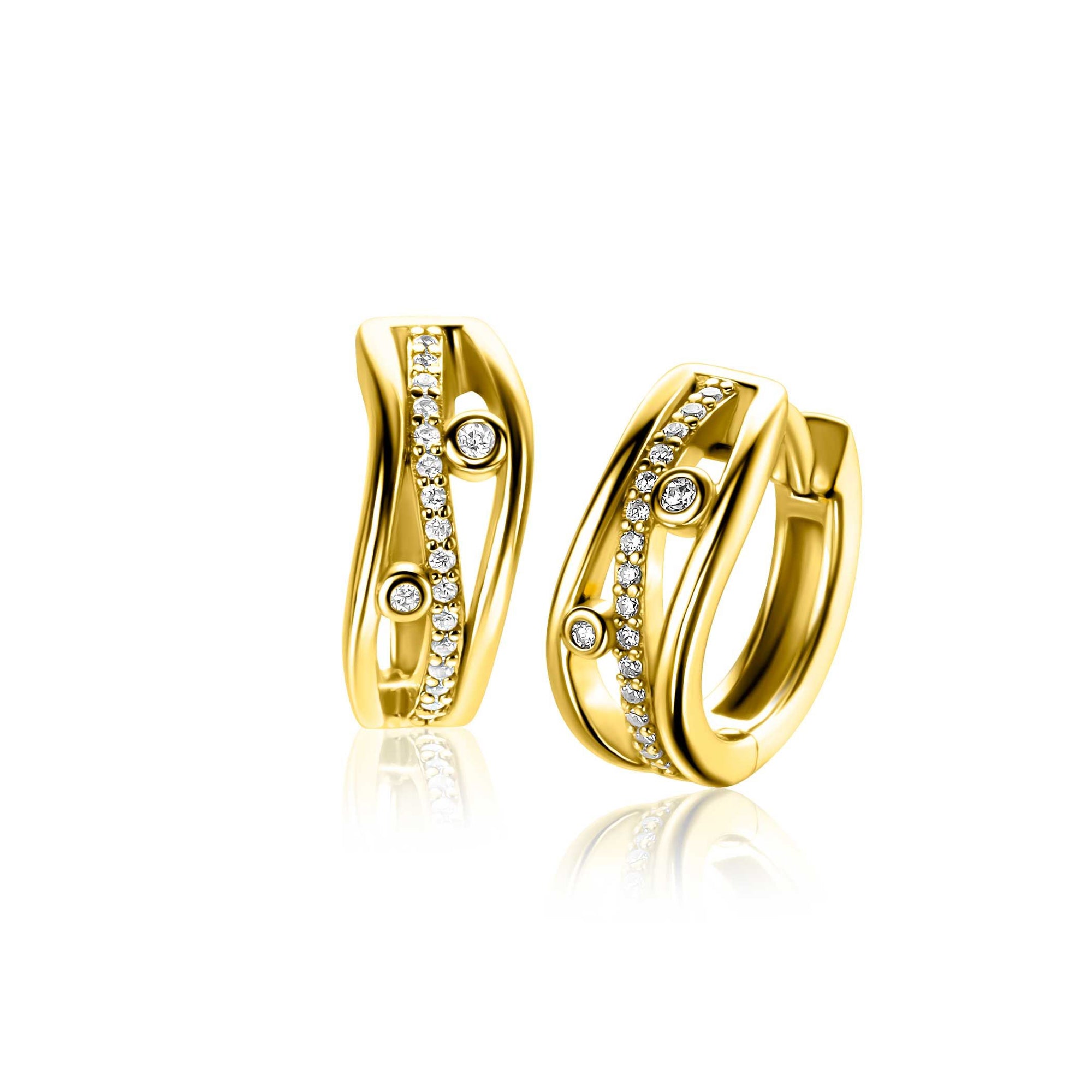 Zinzi 16mm gold plated zilveren multi-look oorringen in golvend design, bezet met witte zirkonia's en luxe klapsluiting ZIO2685 - PansiteNederland.nl