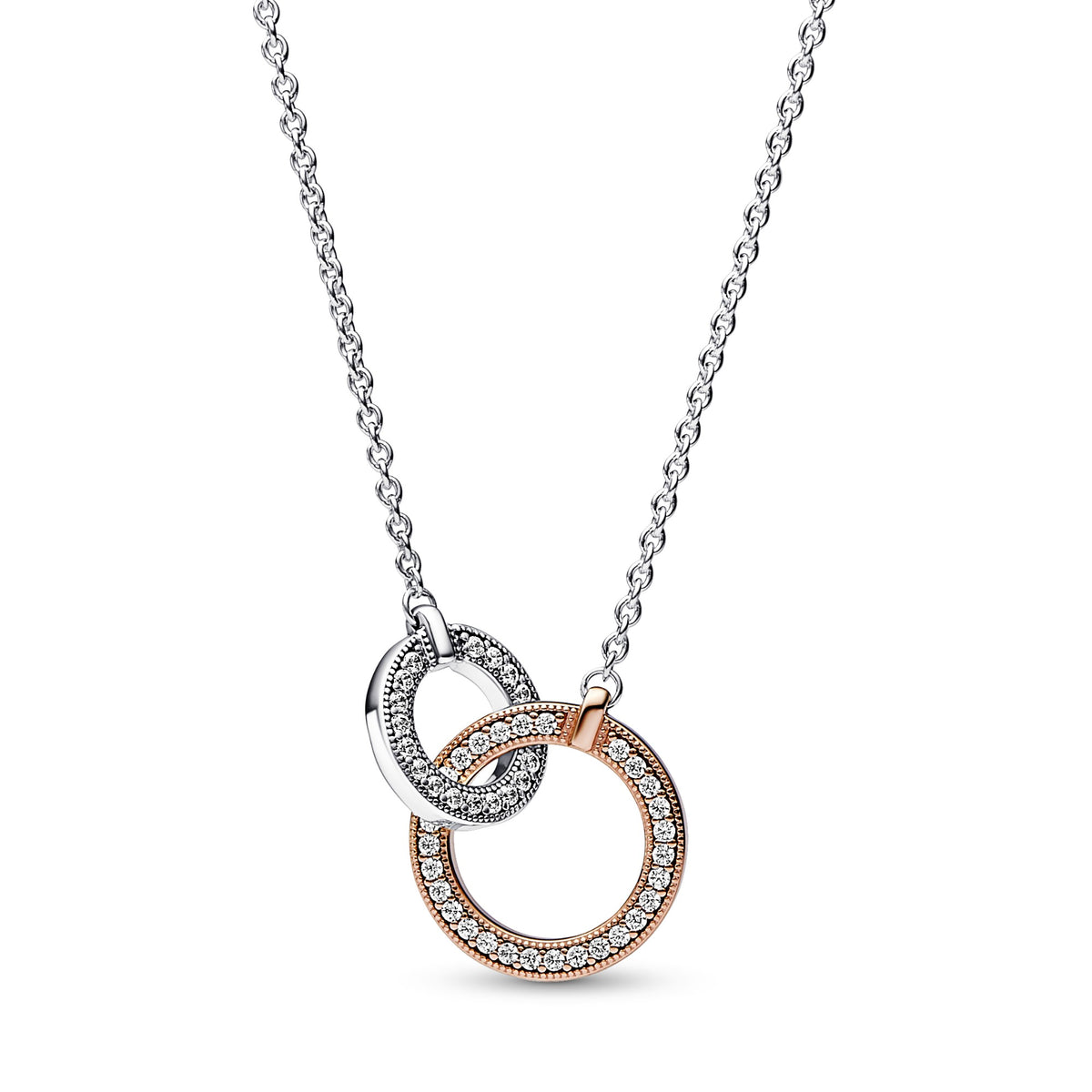 Pandora Signature tweekleurige ketting verstrengelde cirkels bicolor zilver en roségoudverguld