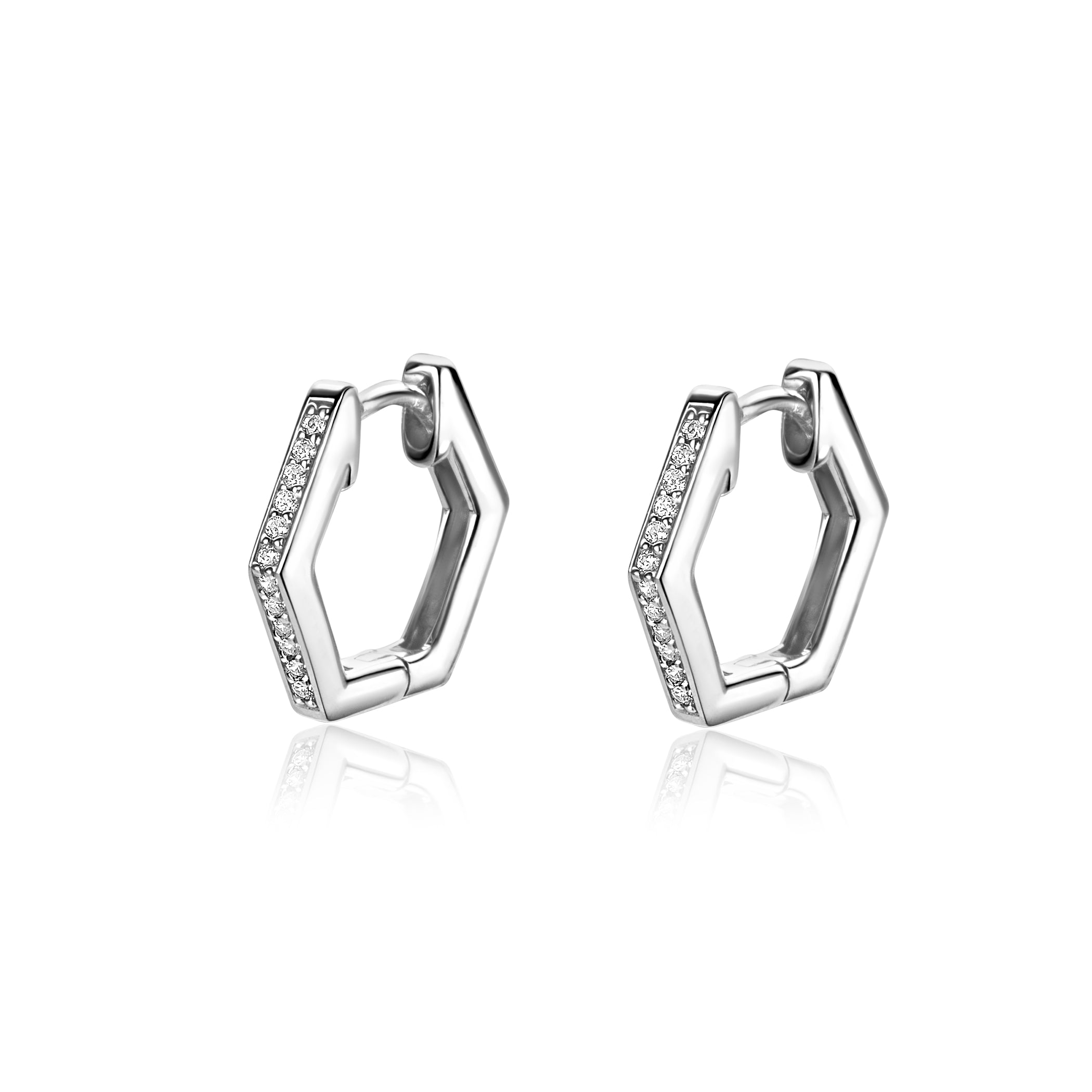 15mm ZINZI zilveren oorbellen in leuke hexagon vorm bezet met witte zirconia's, met luxe klapsluiting 15x2mm - ZIO2433