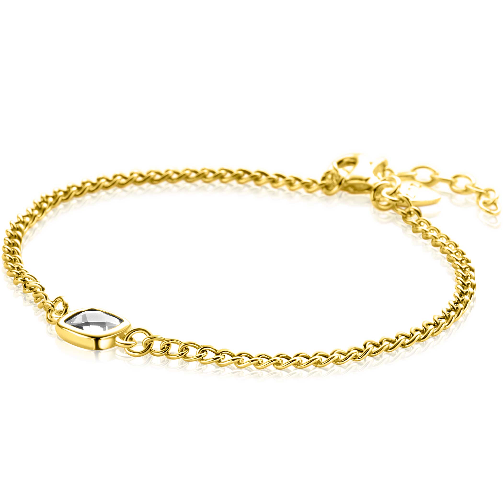 ZINZI gold plated zilveren gourmette armband met vierkante zetting bezet met witte zirconia 16-19cm - ZIA2417Y
