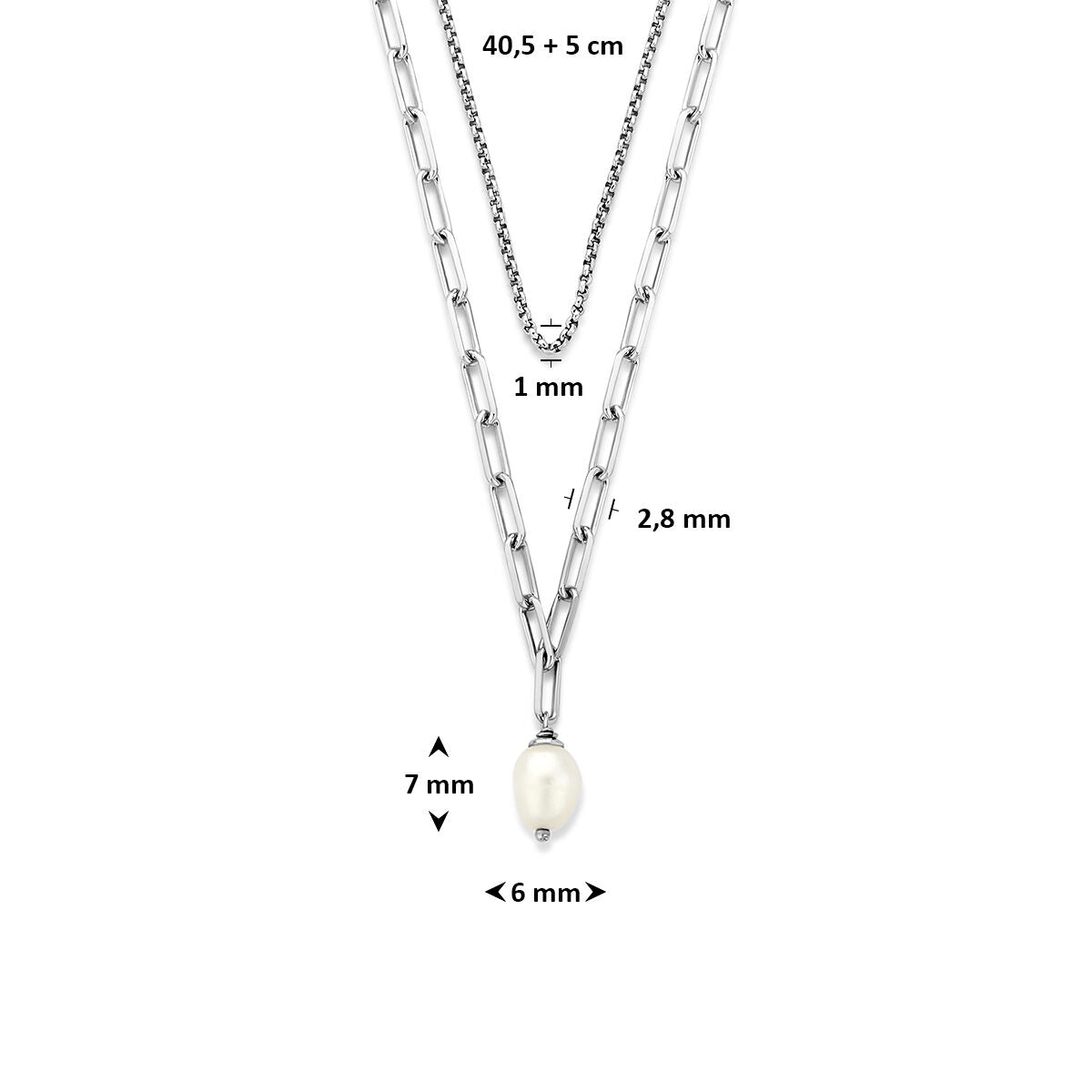 Multi-collier parel 40,5 + 5 cm zilver gerhodineerd