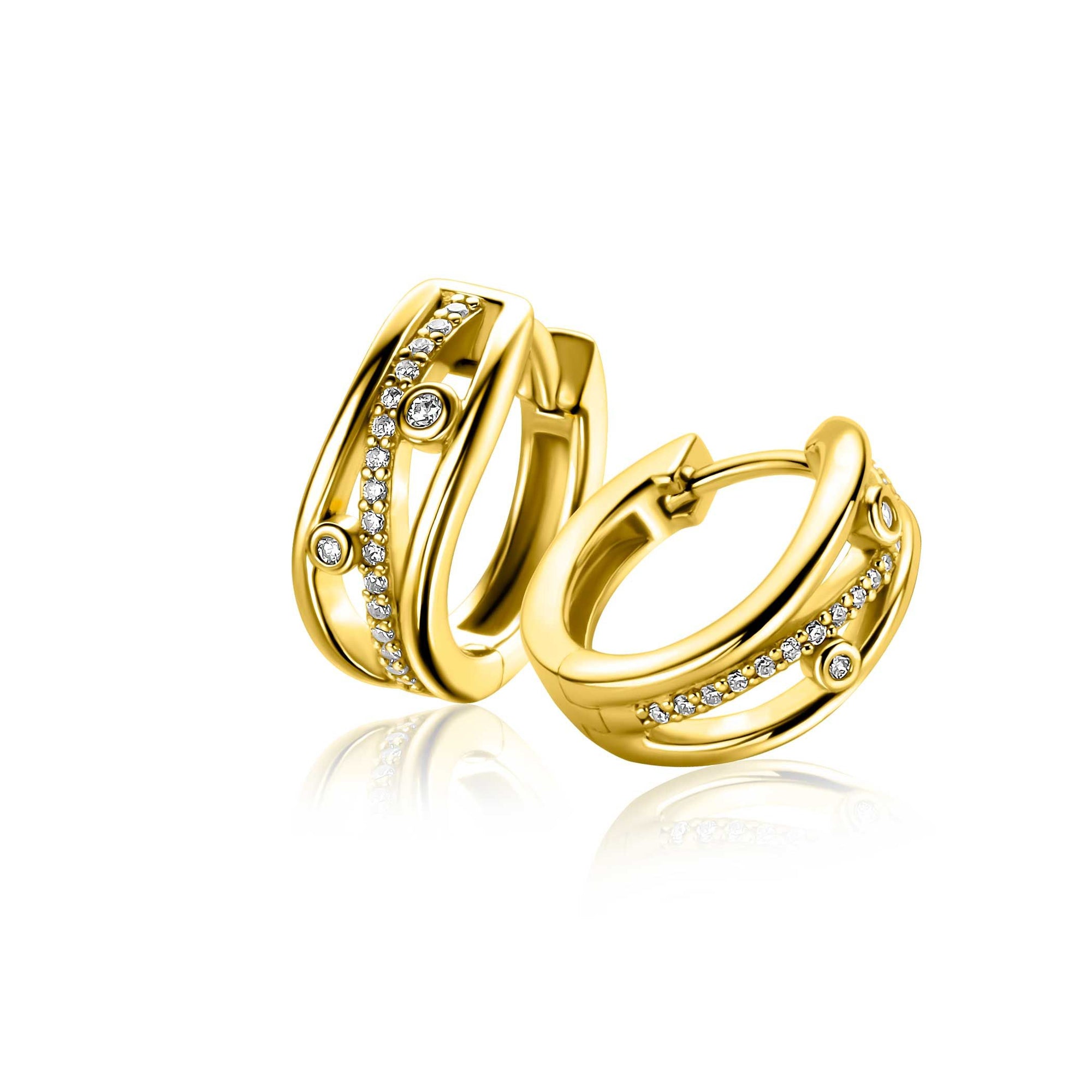 Zinzi 16mm gold plated zilveren multi-look oorringen in golvend design, bezet met witte zirkonia's en luxe klapsluiting ZIO2685 - PansiteNederland.nl