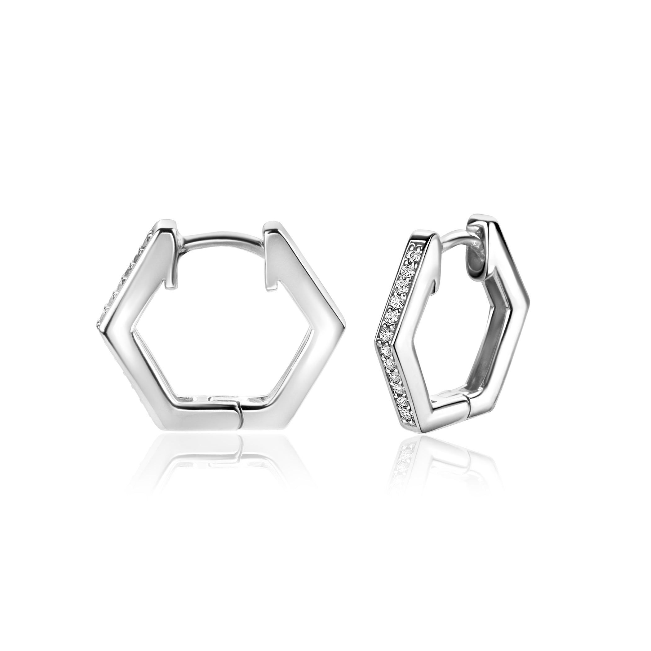 15mm ZINZI zilveren oorbellen in leuke hexagon vorm bezet met witte zirconia's, met luxe klapsluiting 15x2mm - ZIO2433