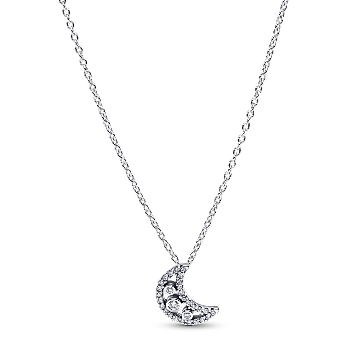 Pandora Halsketting met sprankelende halve maan hanger zilver