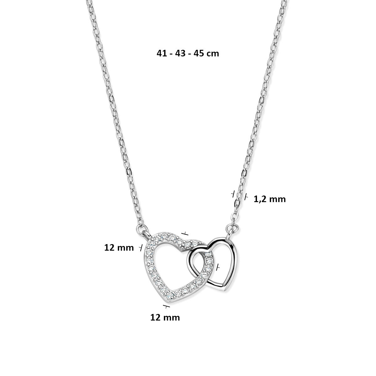 Collier hartjes zirkonia 41 - 43 - 45 cm zilver gerhodineerd