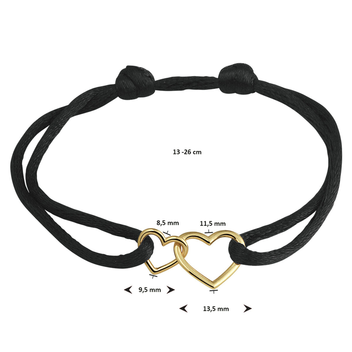 Armband satijn zwart hartjes 13 - 26 cm 14K goud met rubber/nylon/leer