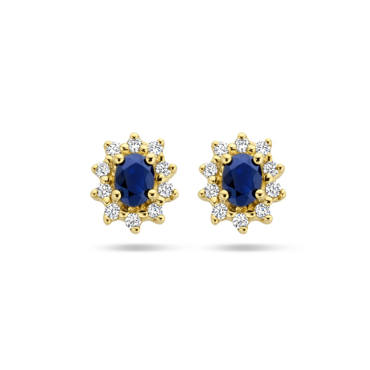 14K Geelgoud Oorknoppen Saffier En Zirkonia Halo 4000950 - PansiteNederland.nl