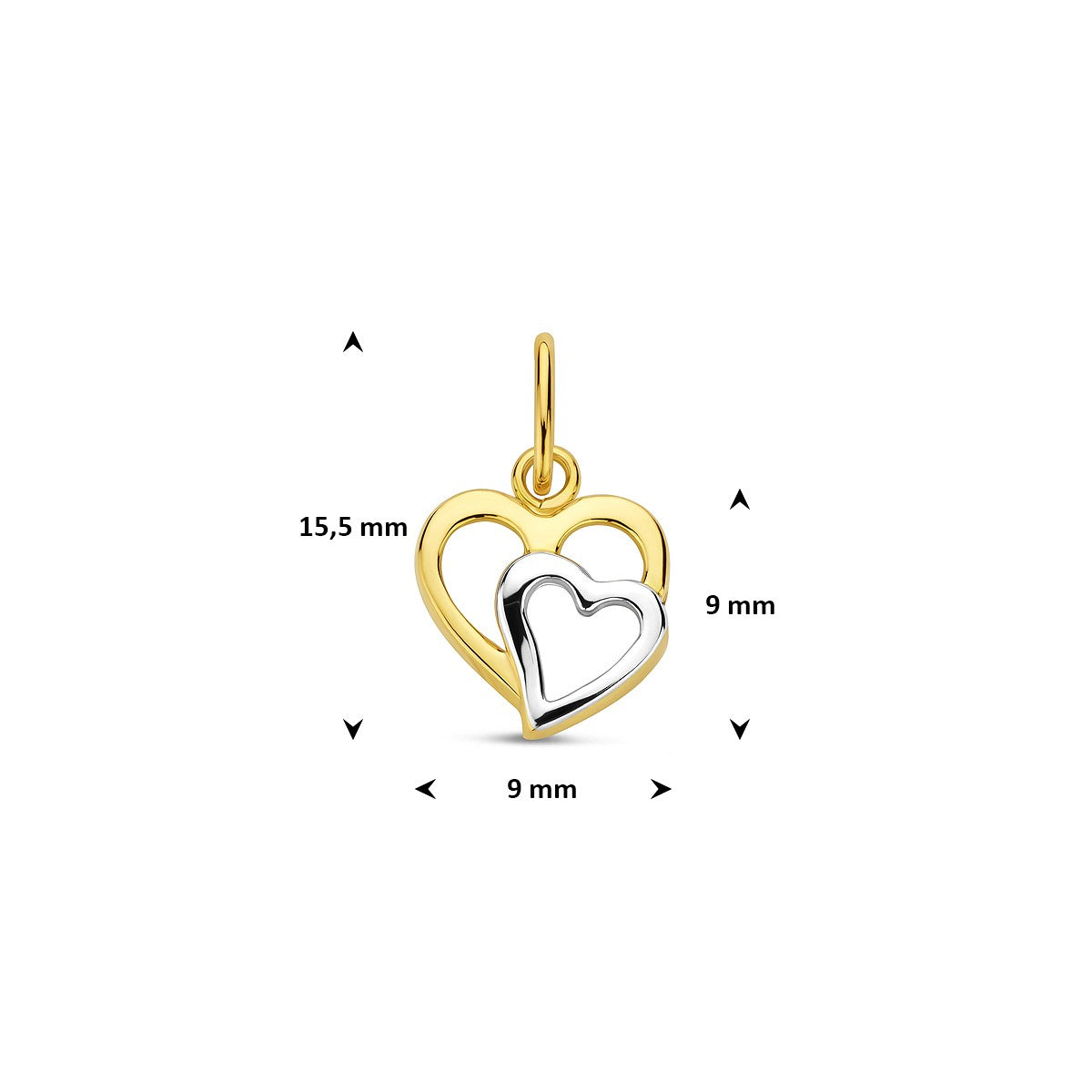 Hanger hart bicolor gestift 9 mm 14K geelgoud