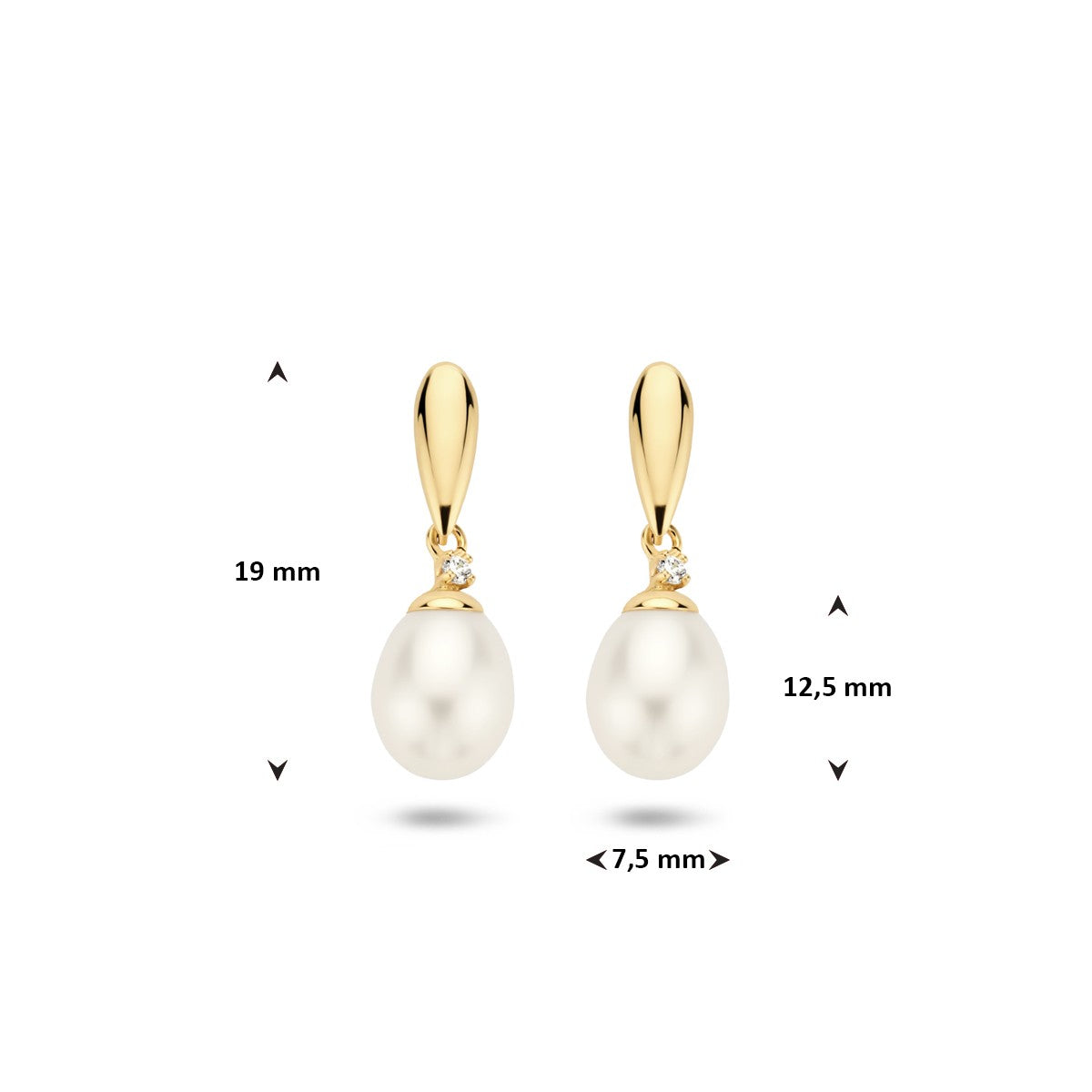 Hangende oorbellen parel en zirkonia 19 mm 14K geelgoud