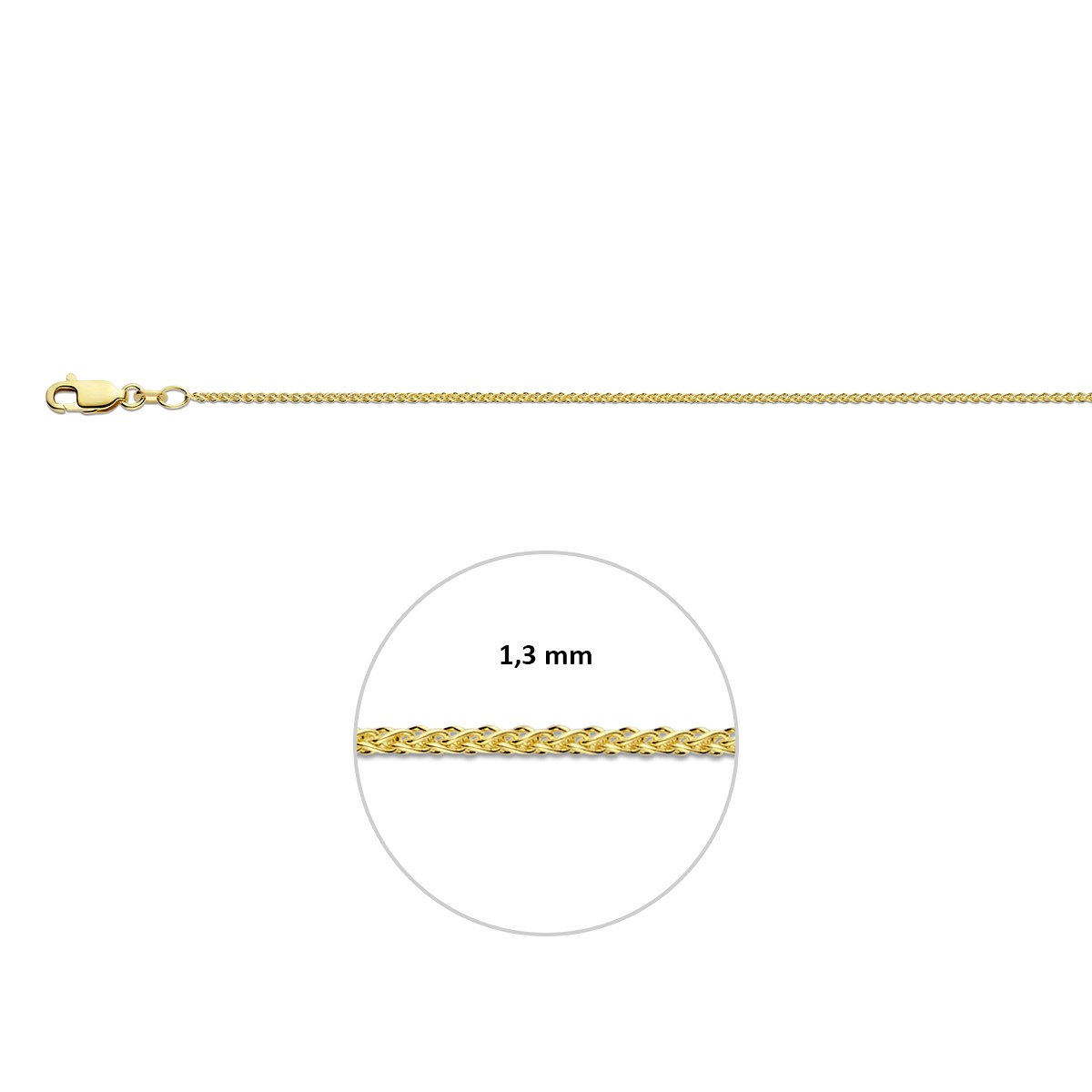 Vossestaart rond 1,3 mm 14K geelgoud