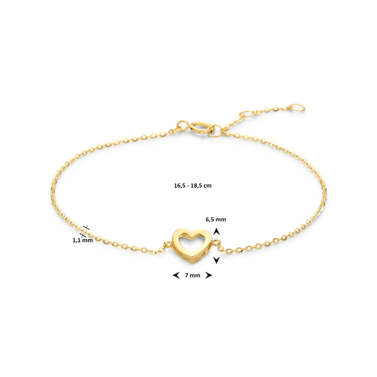 Armband hartje 16,5 - 17,5 - 18,5 cm 14K geelgoud