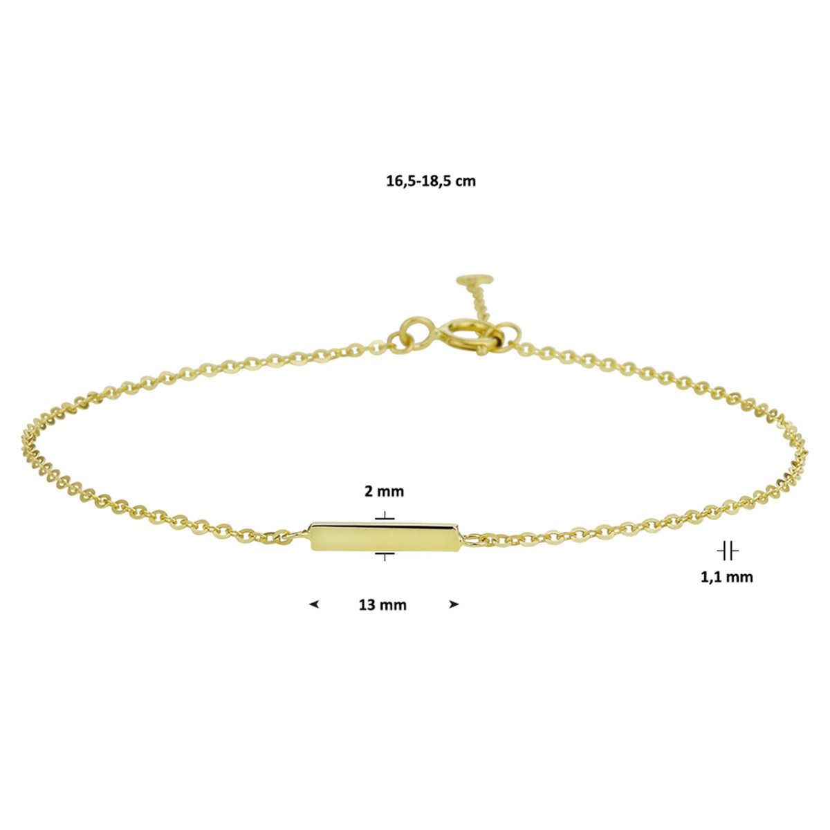 Armband balkje 16,5 - 18,5 cm 14K geelgoud