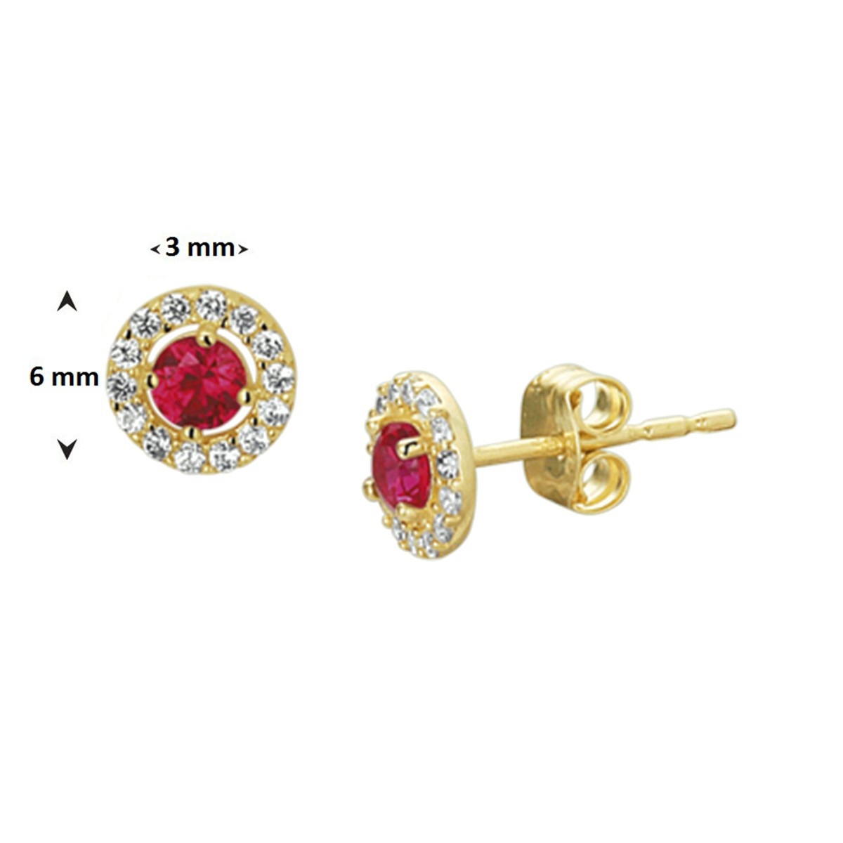 Oorbellen syn. robijn en zirkonia halo 14K geelgoud