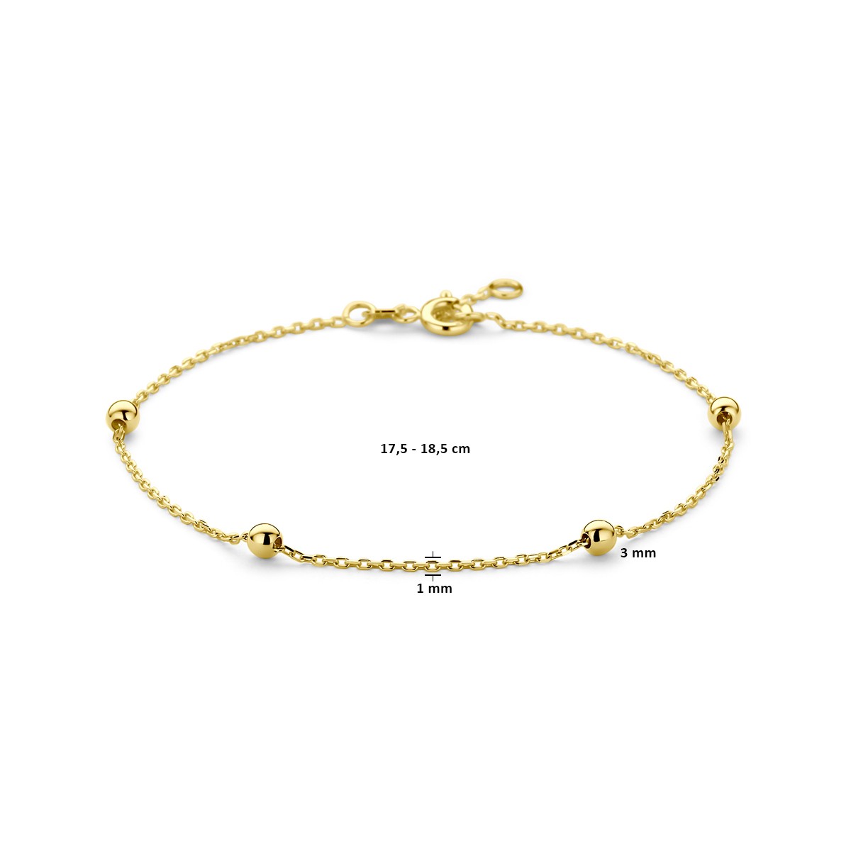 Armband anker en bolletjes 1,0 mm 17,5 - 18,5 cm 14K geelgoud