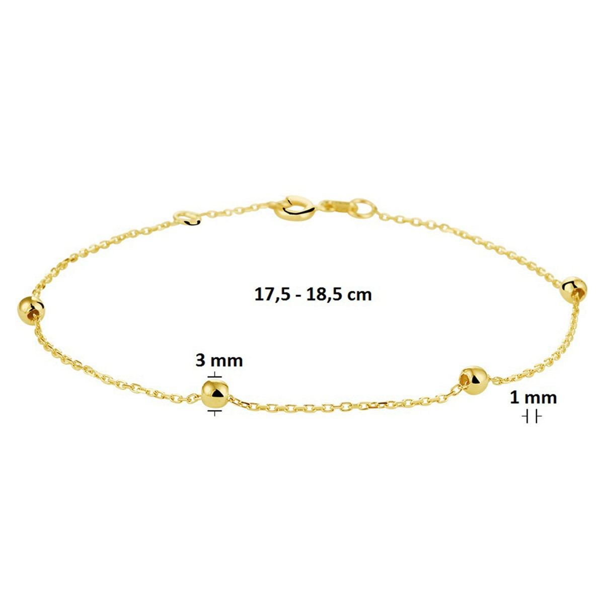 Armband anker en bolletjes 1,0 mm 17,5 - 18,5cm 14K geelgoud