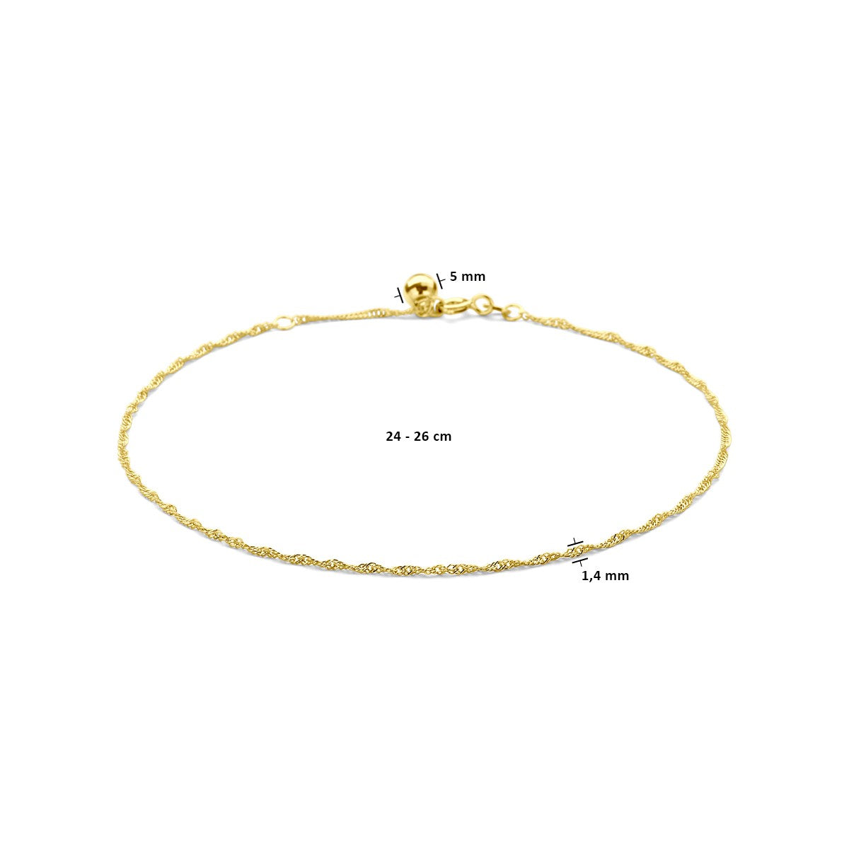 14K Geelgouden enkelbandje singapore 1,4 mm 24 - 26 cm 4020828 - PansiteNederland.nl