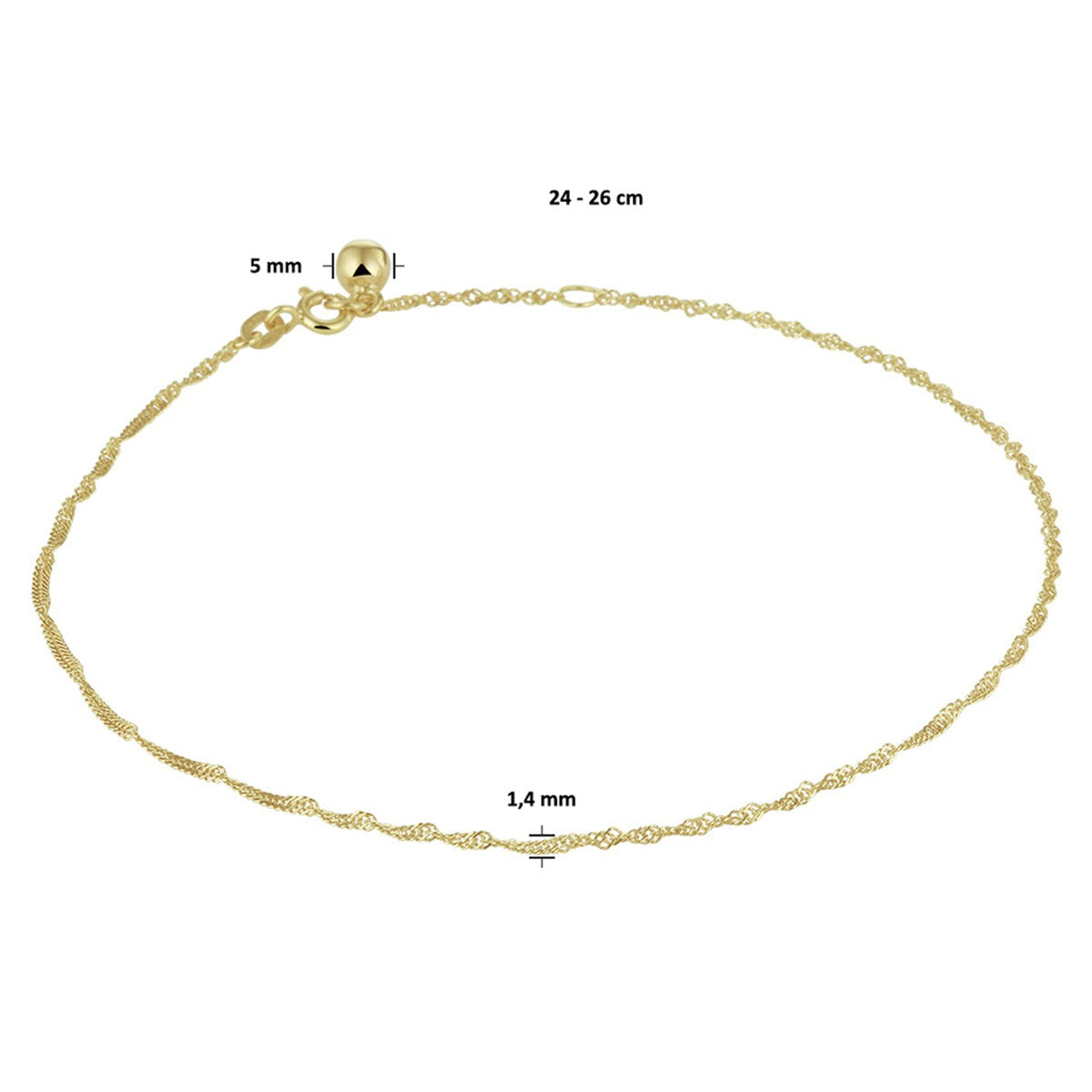 14K Geelgouden enkelbandje singapore 1,4 mm 24 - 26 cm 4020829 - PansiteNederland.nl