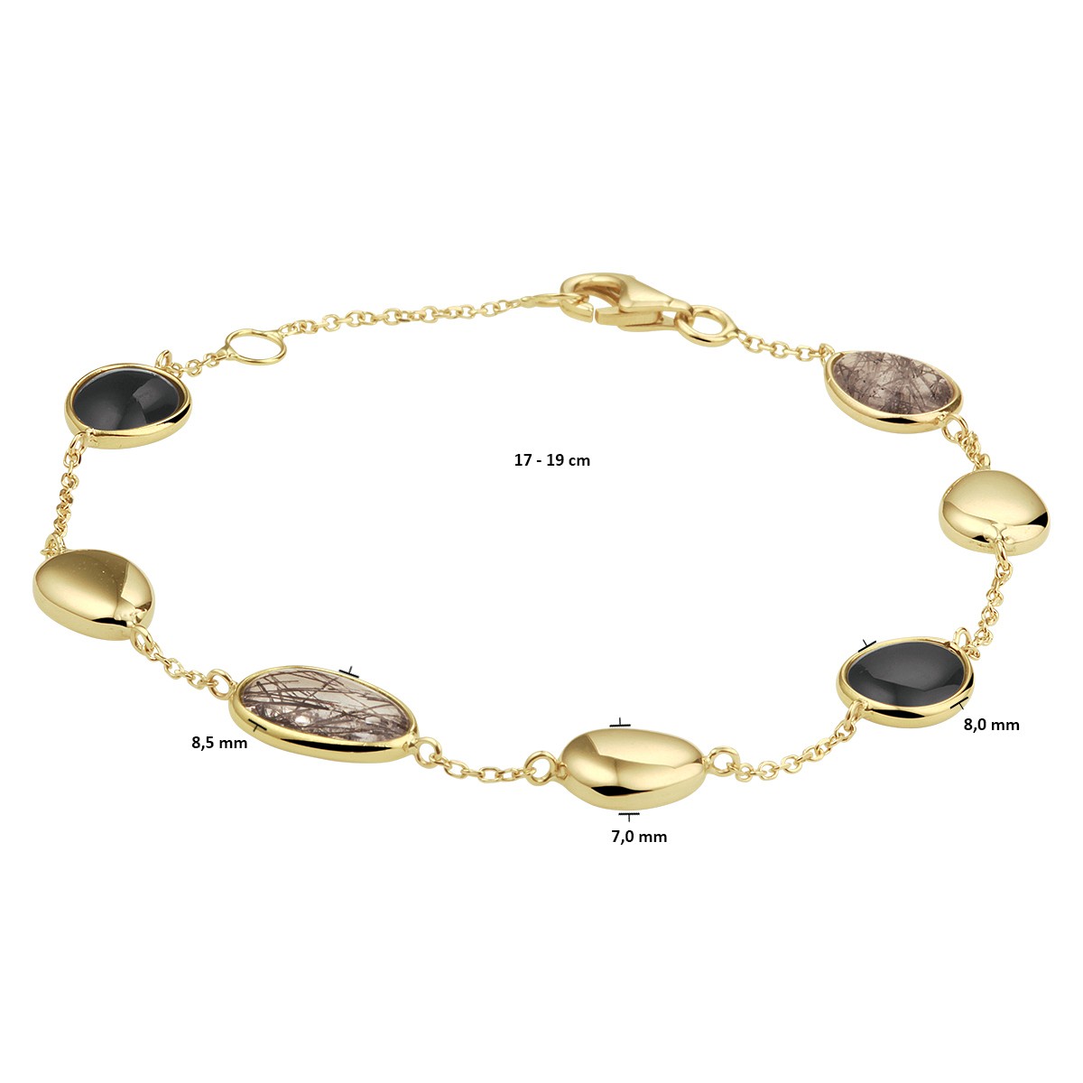 Armband zwart rutiel en onyx 17 - 19 cm 14K geelgoud