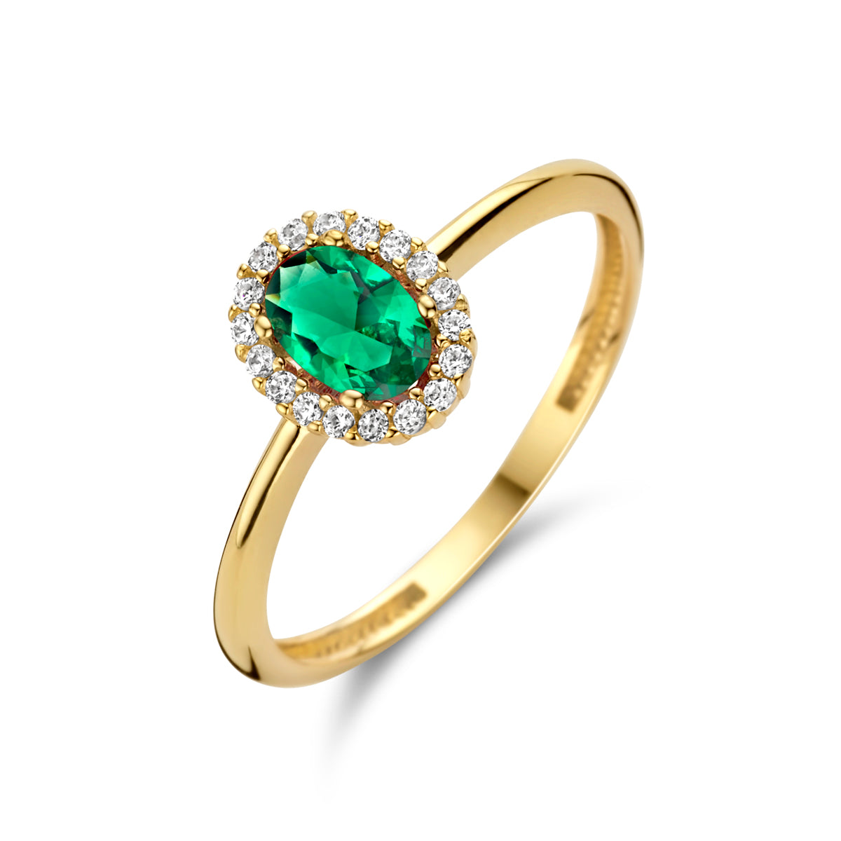Ring groen en wit zirkonia halo 14K geelgoud