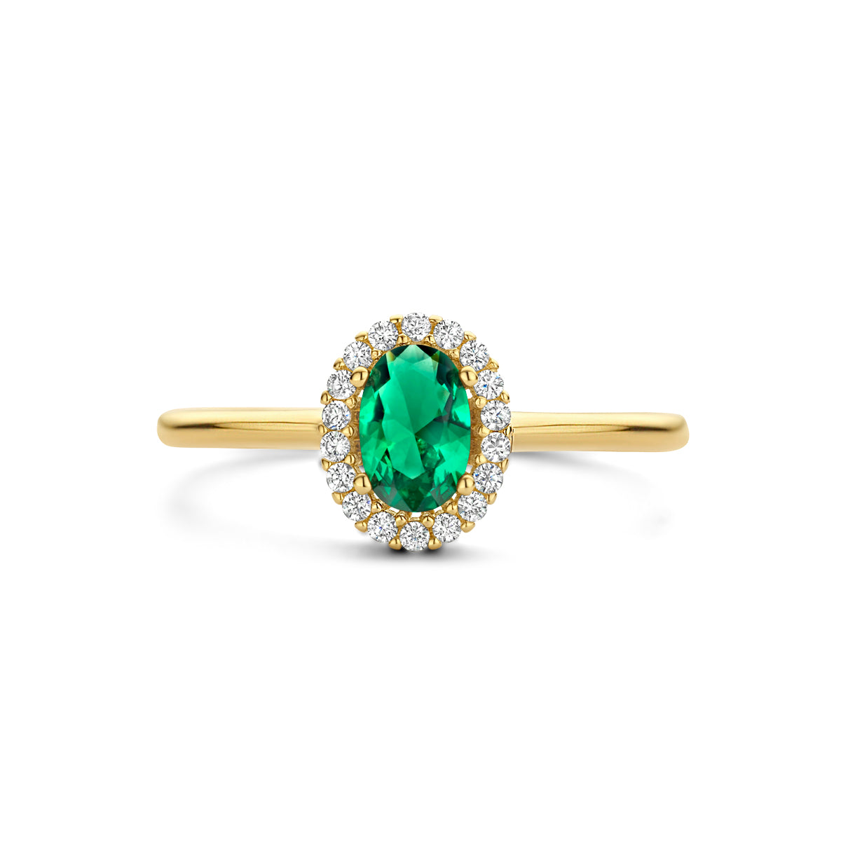 Ring groen en wit zirkonia halo 14K geelgoud