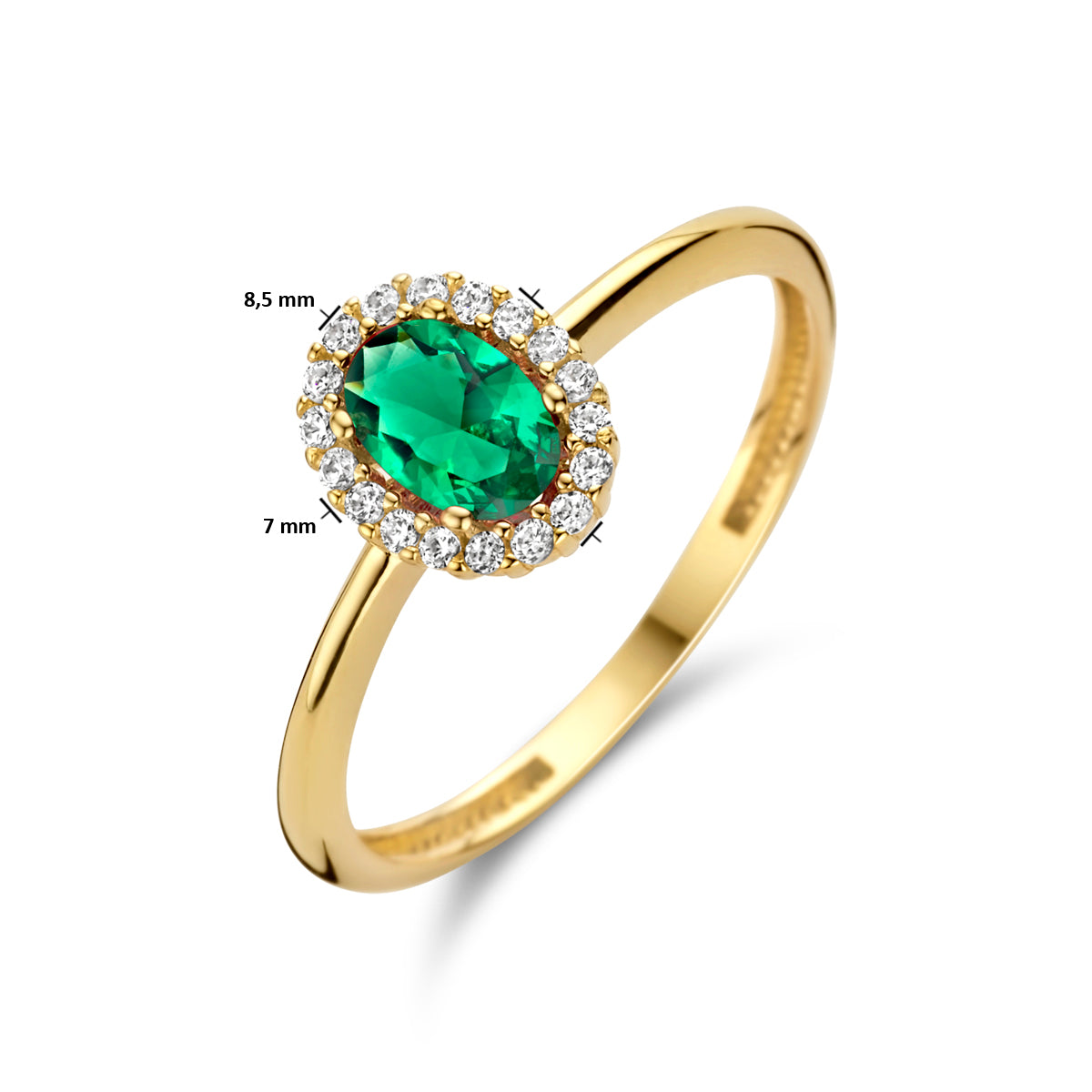 Ring groen en wit zirkonia halo 14K geelgoud