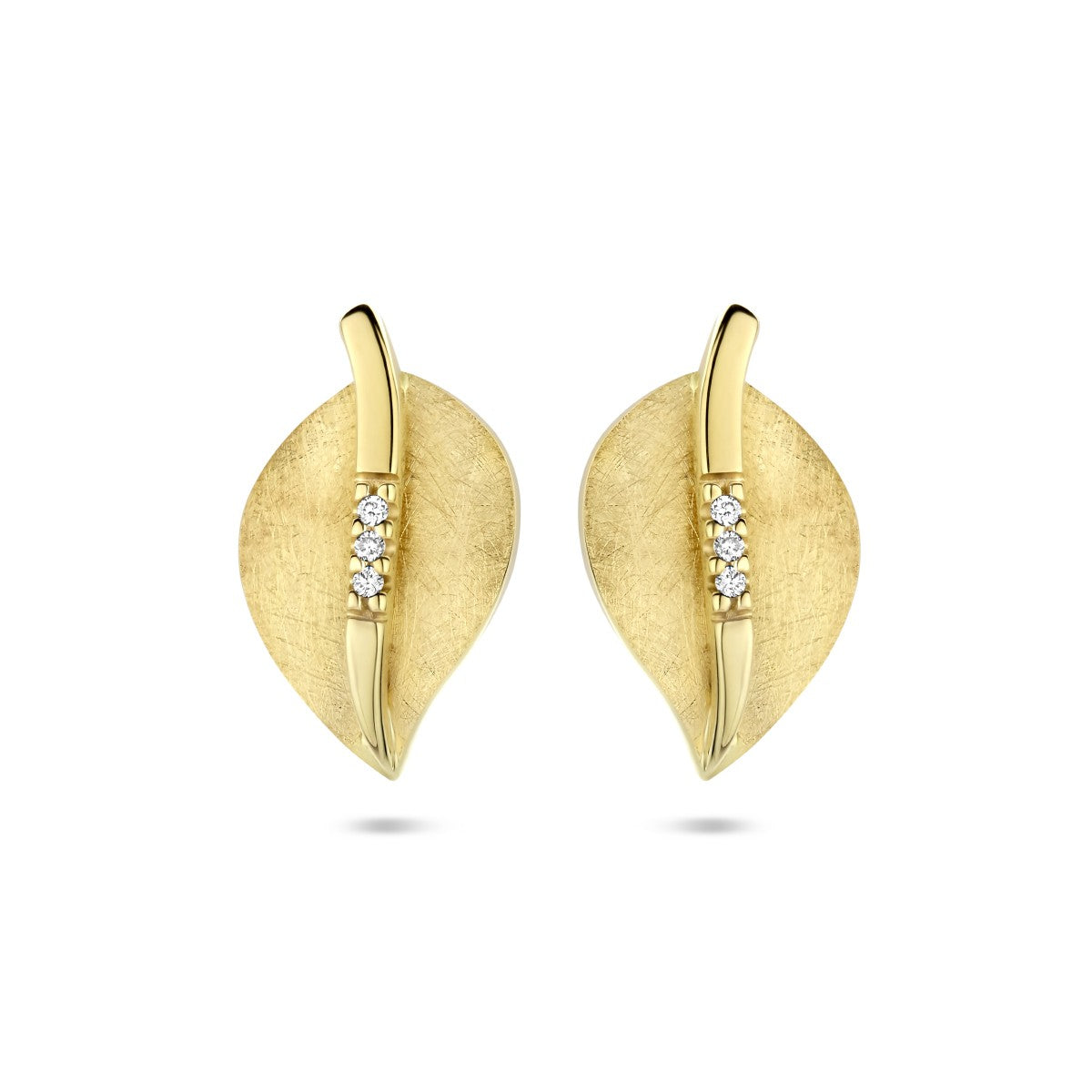 14K Geelgoud Oorknoppen Blad Gescratcht Diamant 0.02Ct (2X 0.01Ct) H Si 4025339 - PansiteNederland.nl
