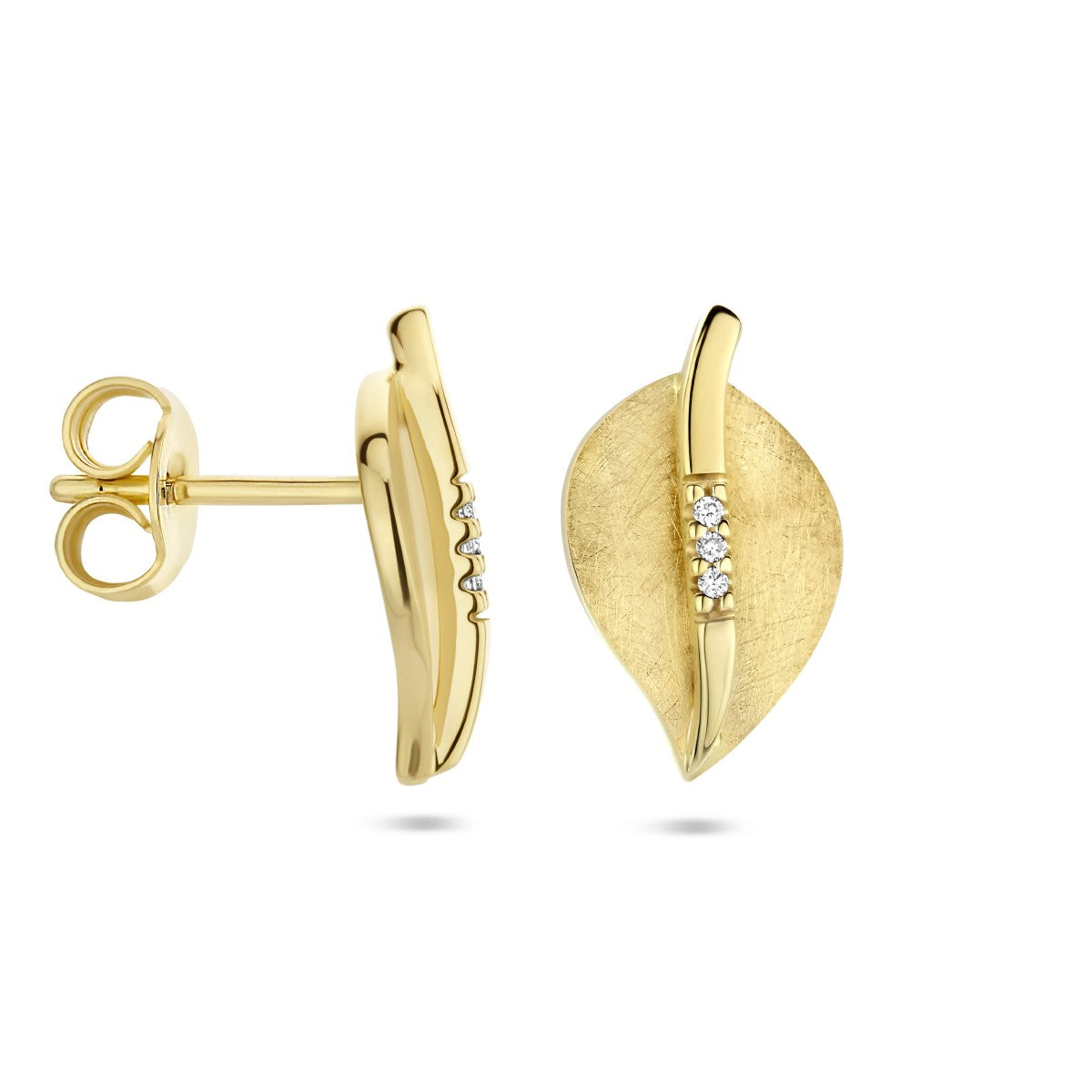 14K Geelgoud Oorknoppen Blad Gescratcht Diamant 0.02Ct (2X 0.01Ct) H Si 4025339 - PansiteNederland.nl