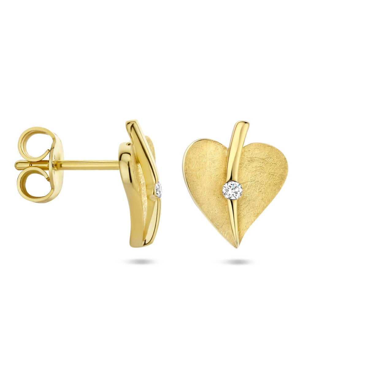 14K Geelgoud Oorknoppen Hart Gescratcht Diamant 0.04Ct (2X 0.02Ct) H Si 4025345 - PansiteNederland.nl
