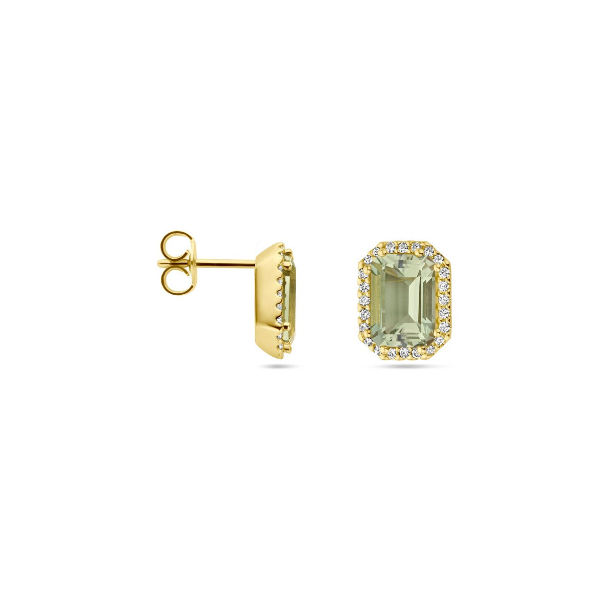 14K Geelgoud Oorknoppen Groen Amethist En Diamant 0.14Ct (2X 0.07Ct) H Si Halo 4025680 - PansiteNederland.nl