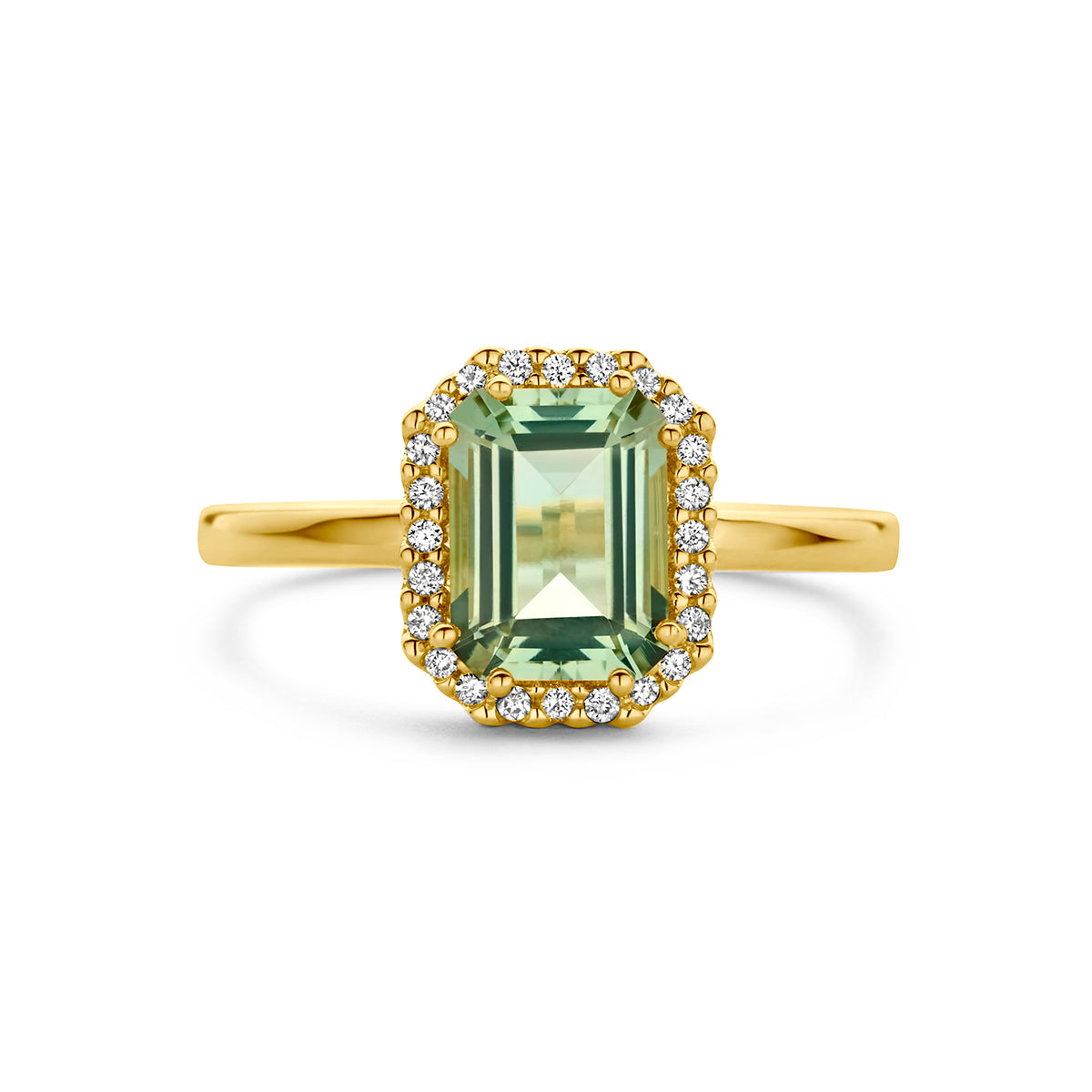 Ring groen amethist en diamant 0.10ct h si halo 14K geelgoud