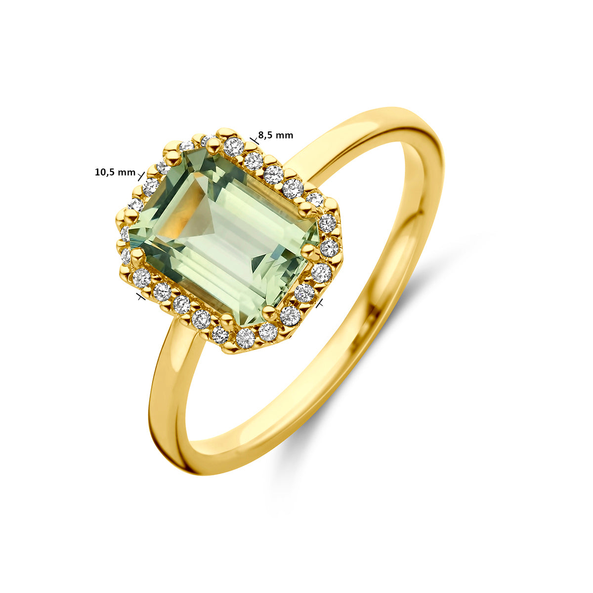 Ring groen amethist en diamant 0.10ct h si halo 14K geelgoud