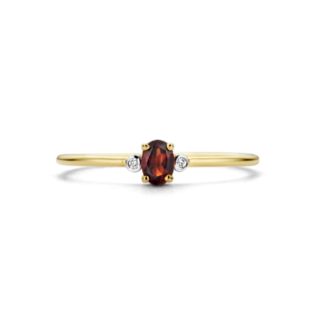 Ring trilogie granaat en diamant 0.006ct h p1 14K geelgoud
