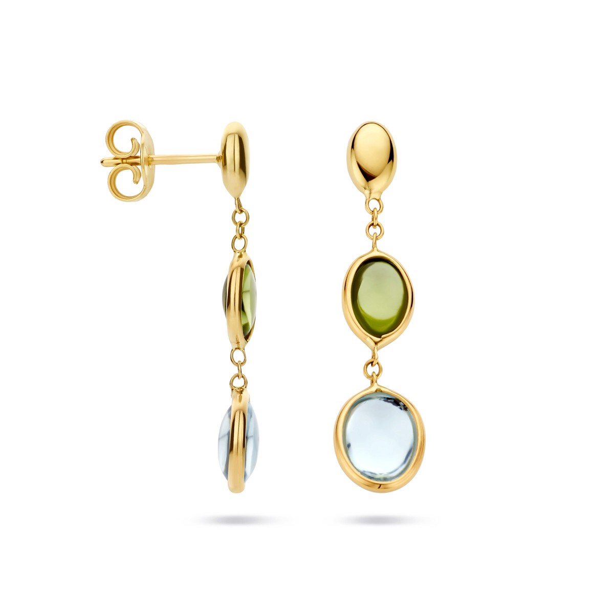 Hangende oorbellen blauw topaas en peridot 14K geelgoud