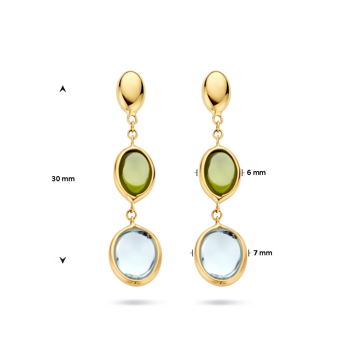 Hangende oorbellen blauw topaas en peridot 14K geelgoud