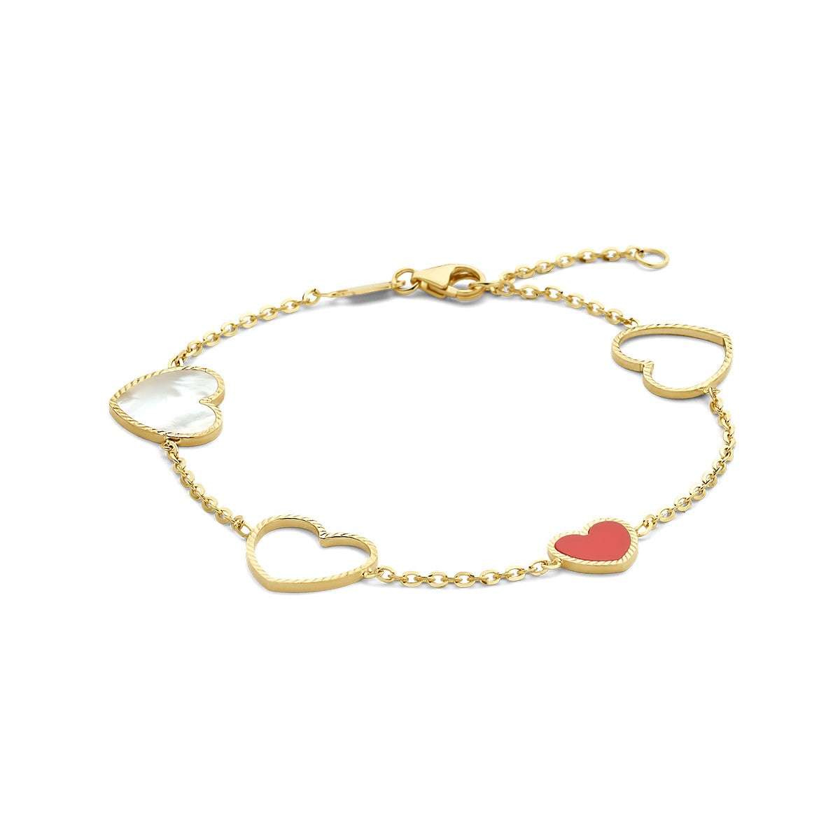14K Geelgoud Armband Hartjes, Parelmoer En Rode Epoxy 16 - 18 Cm 4028541 - PansiteNederland.nl