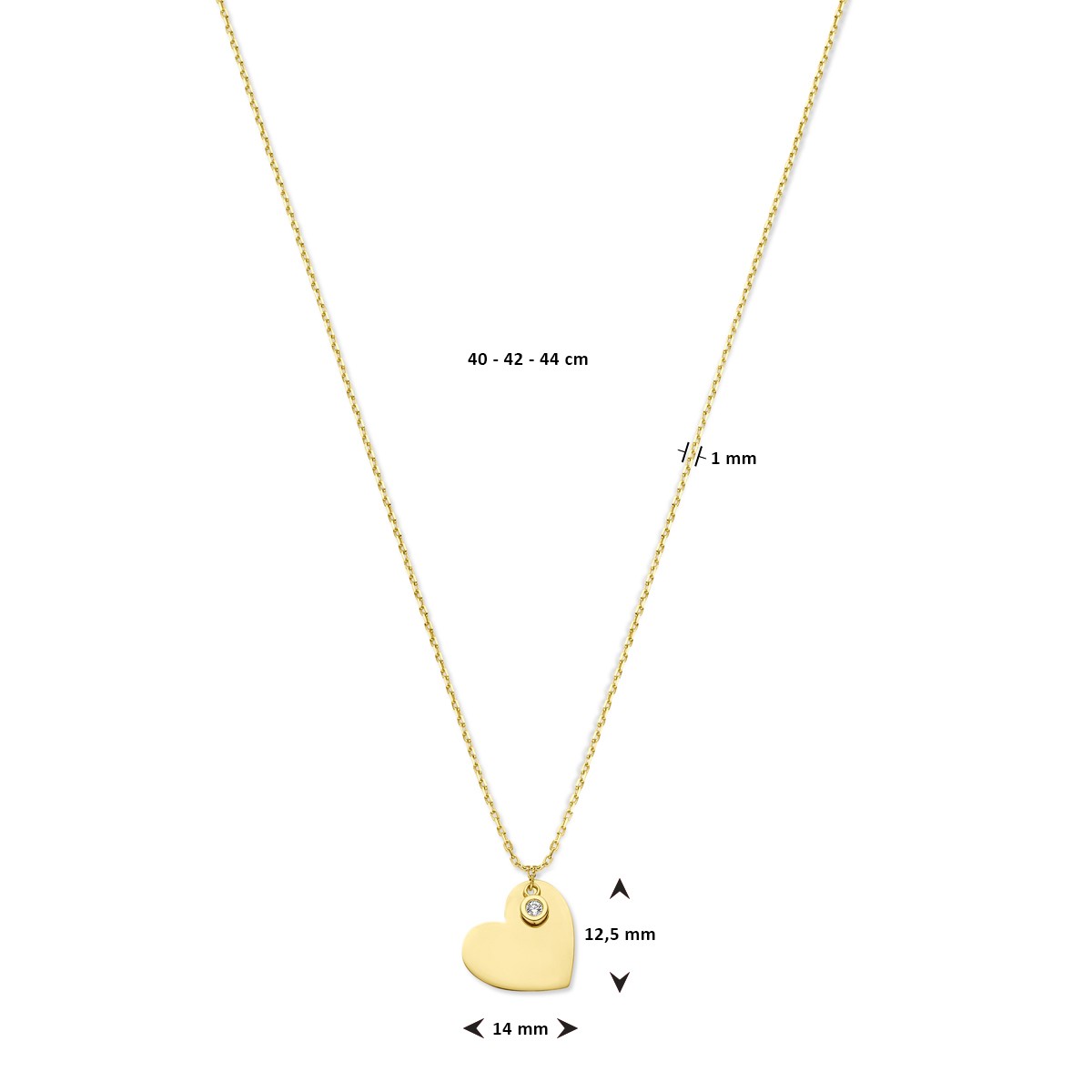 Collier hart en zirkonia 1,0 mm 40 - 42 - 44 cm 14K geelgoud