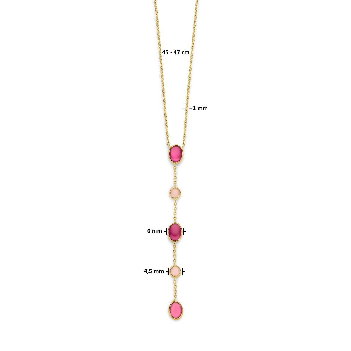 Collier roze opaal en robijn 45 - 47 cm 14K geelgoud