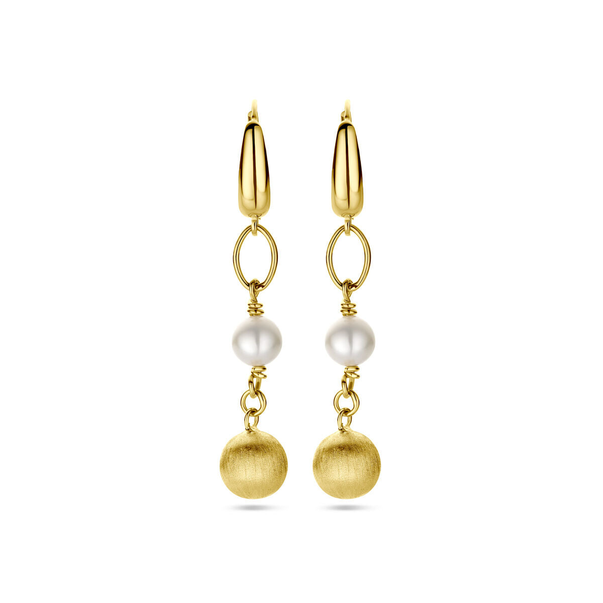 14K Geelgoud Oorhangers Bol En Parel Poli/Mat Brisur Haak 4030086 - PansiteNederland.nl