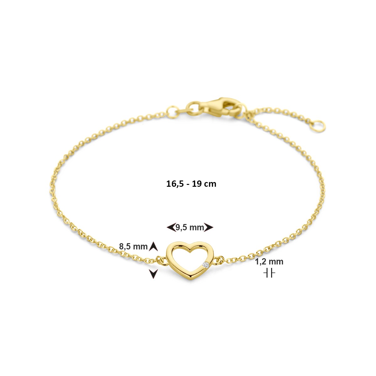 Armband hart en diamant 17 + 2 cm 0.01ct h si 14K geelgoud