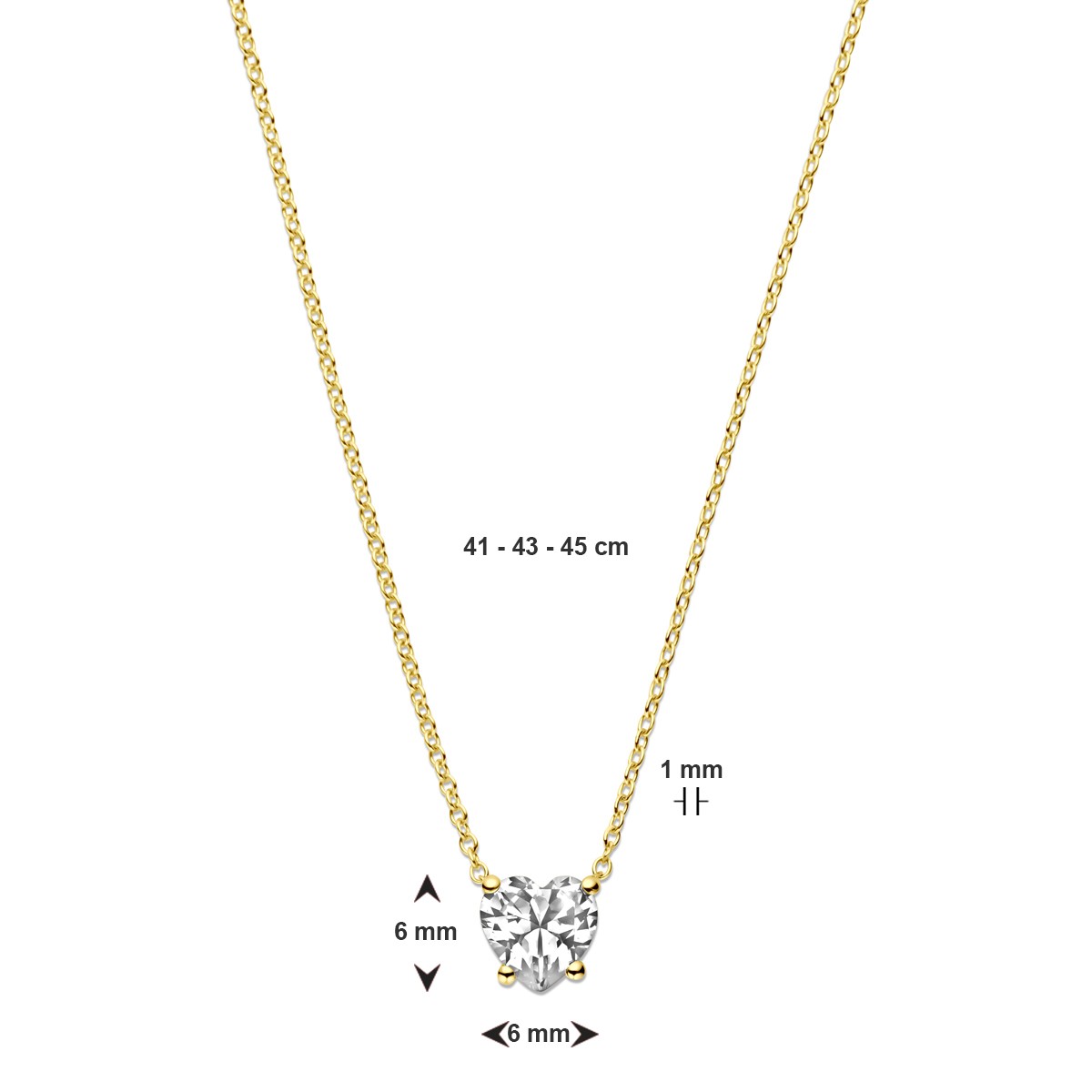 Collier hart zirkonia 41 - 43 - 45 cm 14K geelgoud