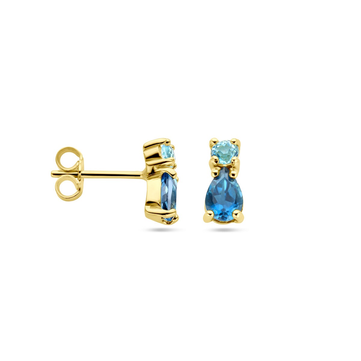 Oorbellen met london blue topaas en sky blue topaas 14K geelgoud