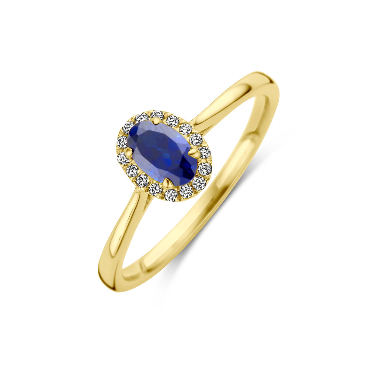 14K Geelgoud Ring Lab Grown Saffier En Diamant 0.075Ct H Si Halo 4030689