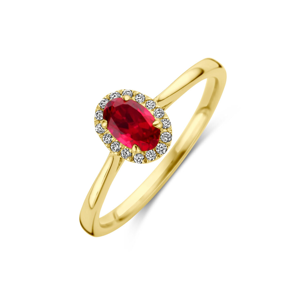 14K Geelgoud Ring Lab Grown Robijn En Diamant 0.075Ct H Si Halo 4030697 - PansiteNederland.nl