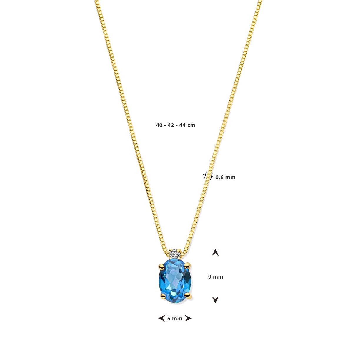 Collier london blue topaas en diamant 40 - 42 - 44 cm 0.02ct h si 14K geelgoud