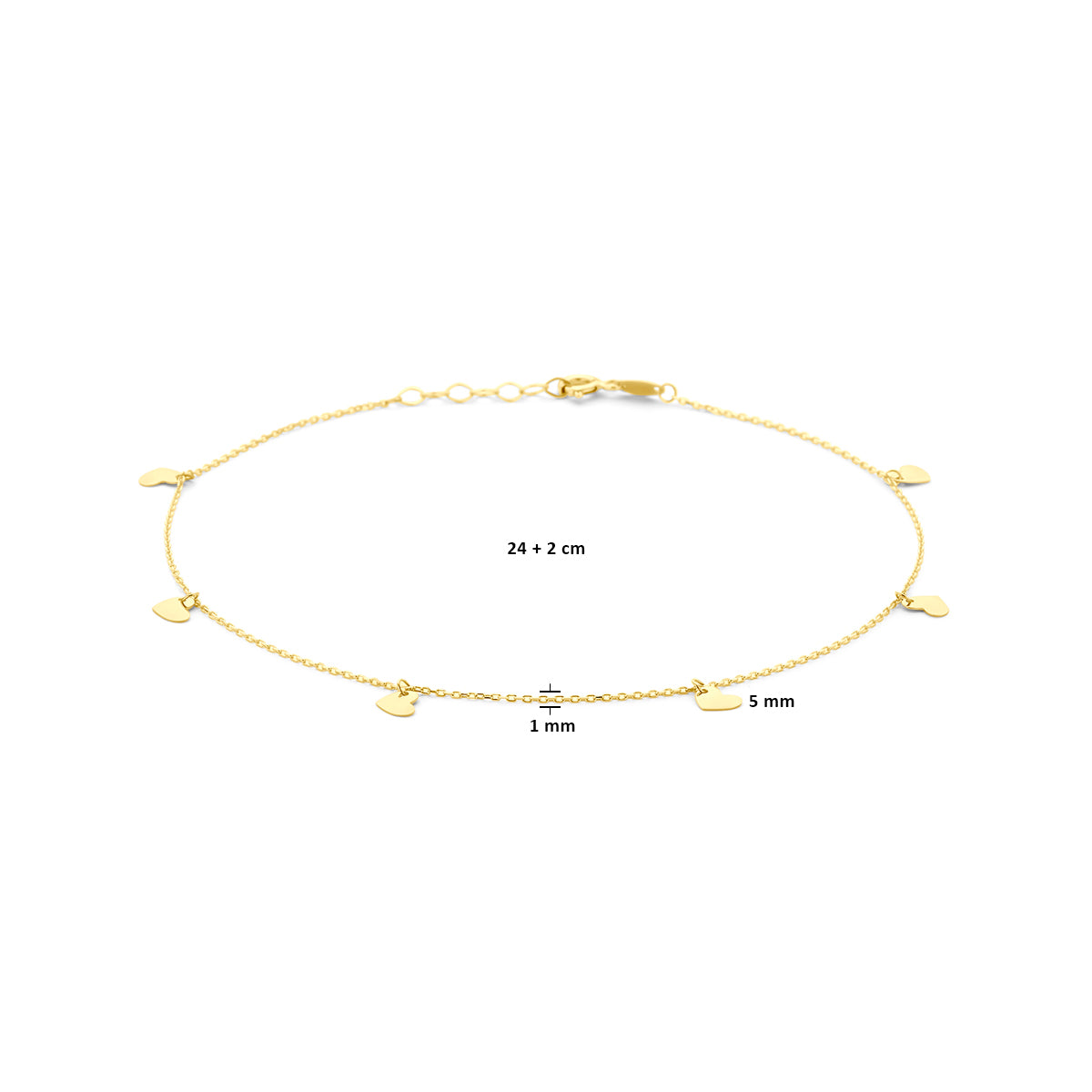 Enkelbandje hartjes 24 + 2 cm 14K geelgoud