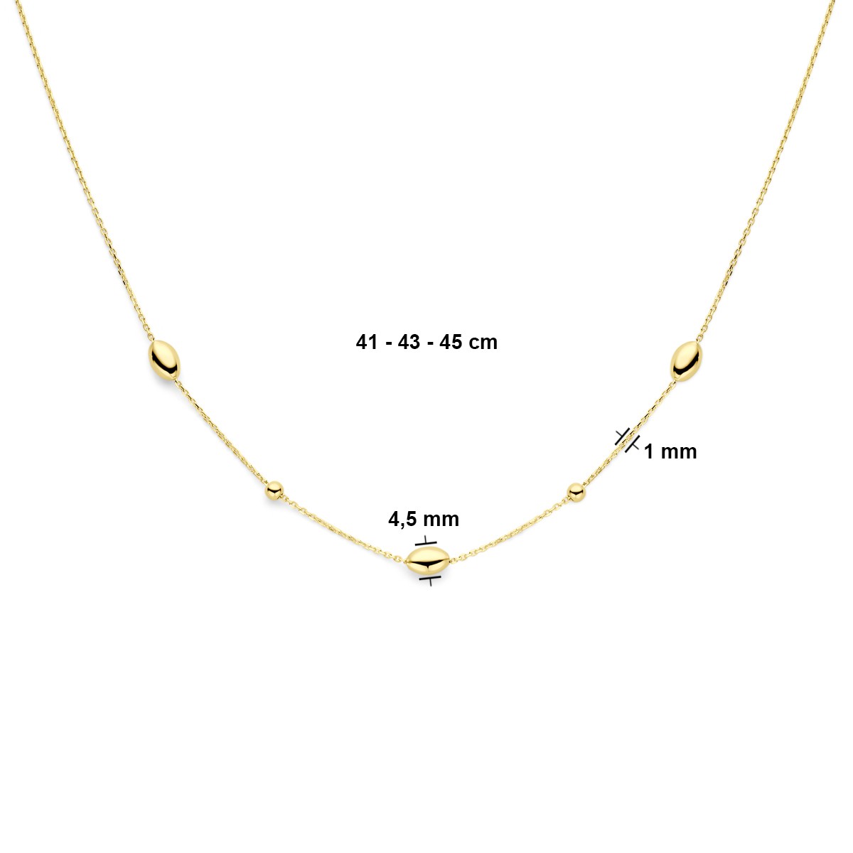 Collier ovaaltjes en bolletjes 41 - 43 - 45 cm 14K geelgoud
