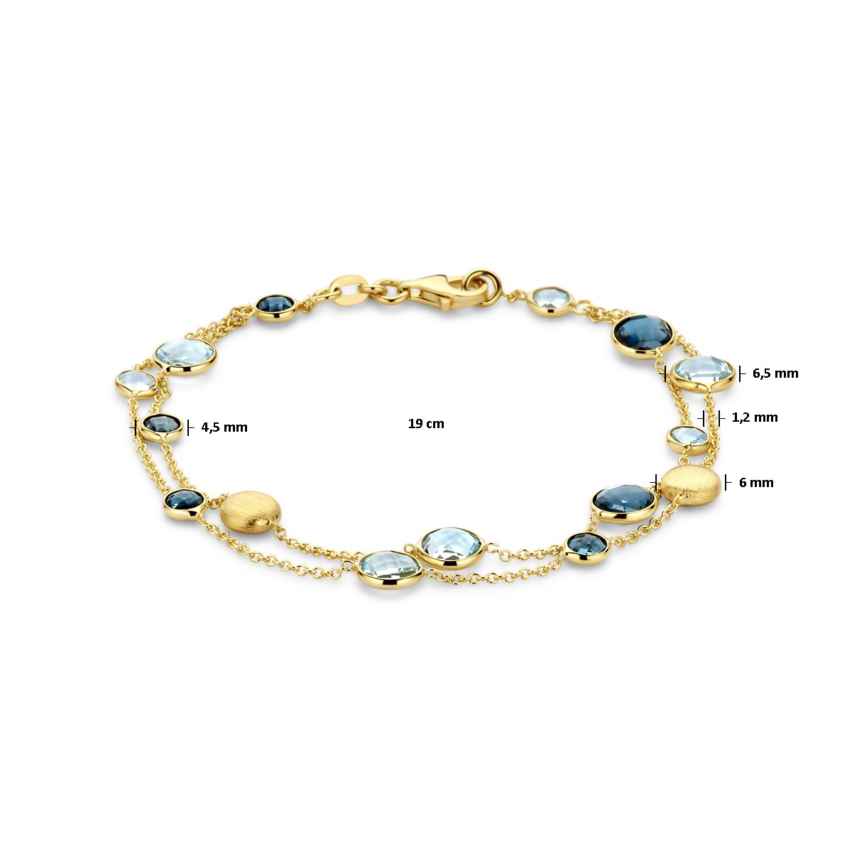 Armband rondjes, sky blue topaas en london blue topaas 19 cm 14K geelgoud