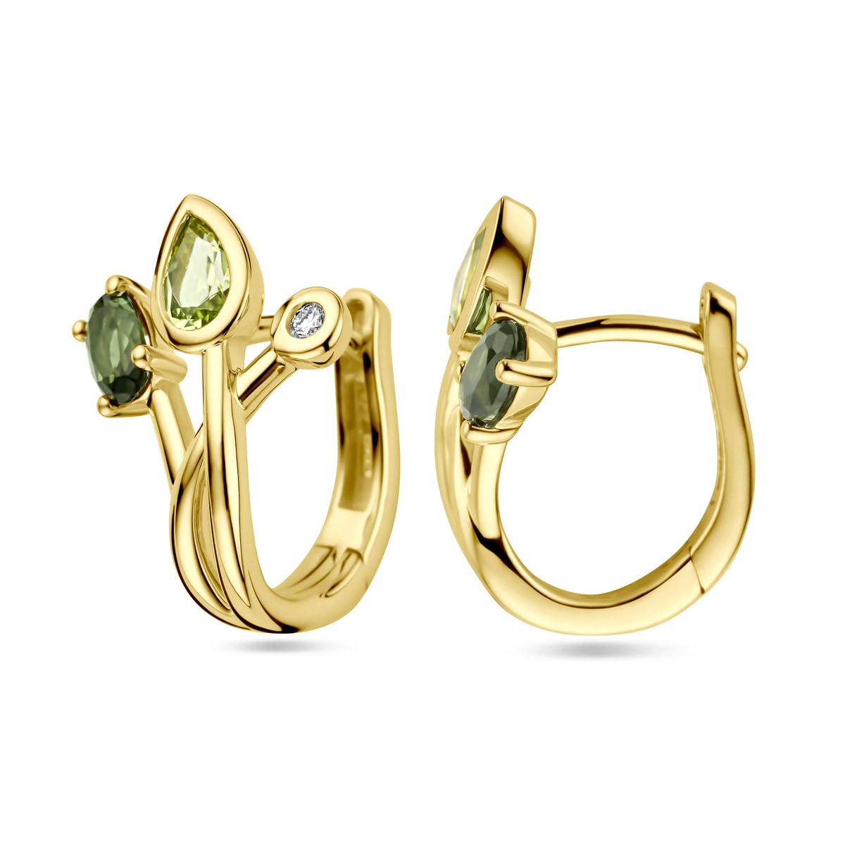 Oorbellen groen toermalijn, peridot en diamant 0.03ct (2x 0.015ct) h si 14K geelgoud